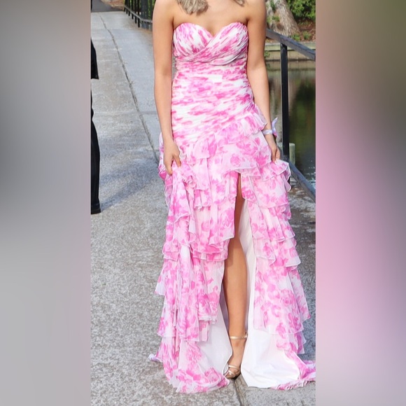 Chic Strapless Pink Floral Ruffle Prom Dress - Picture 4 of 7